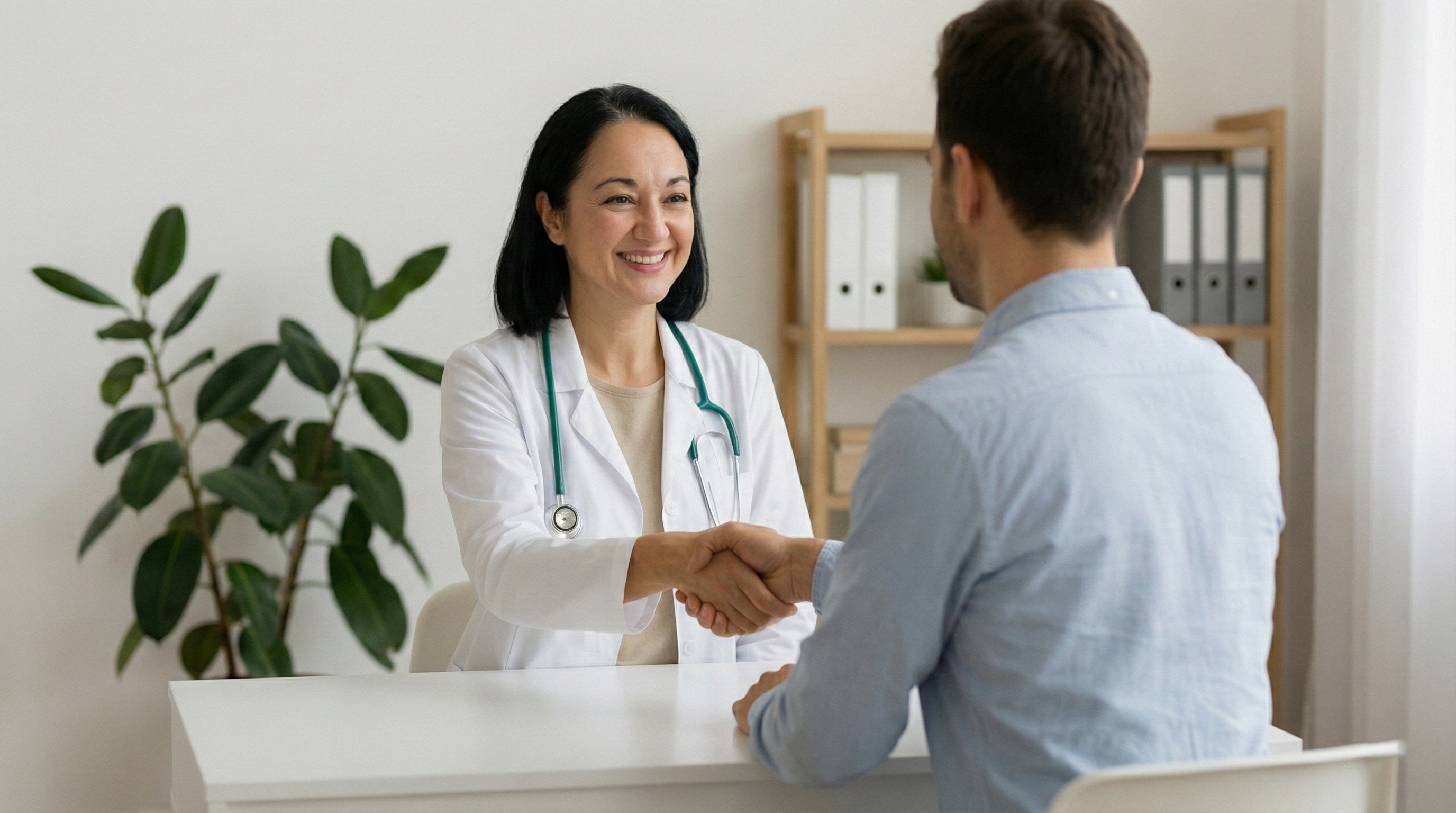 Ärztin schüttelt einem Patienten die Hand und lächelt