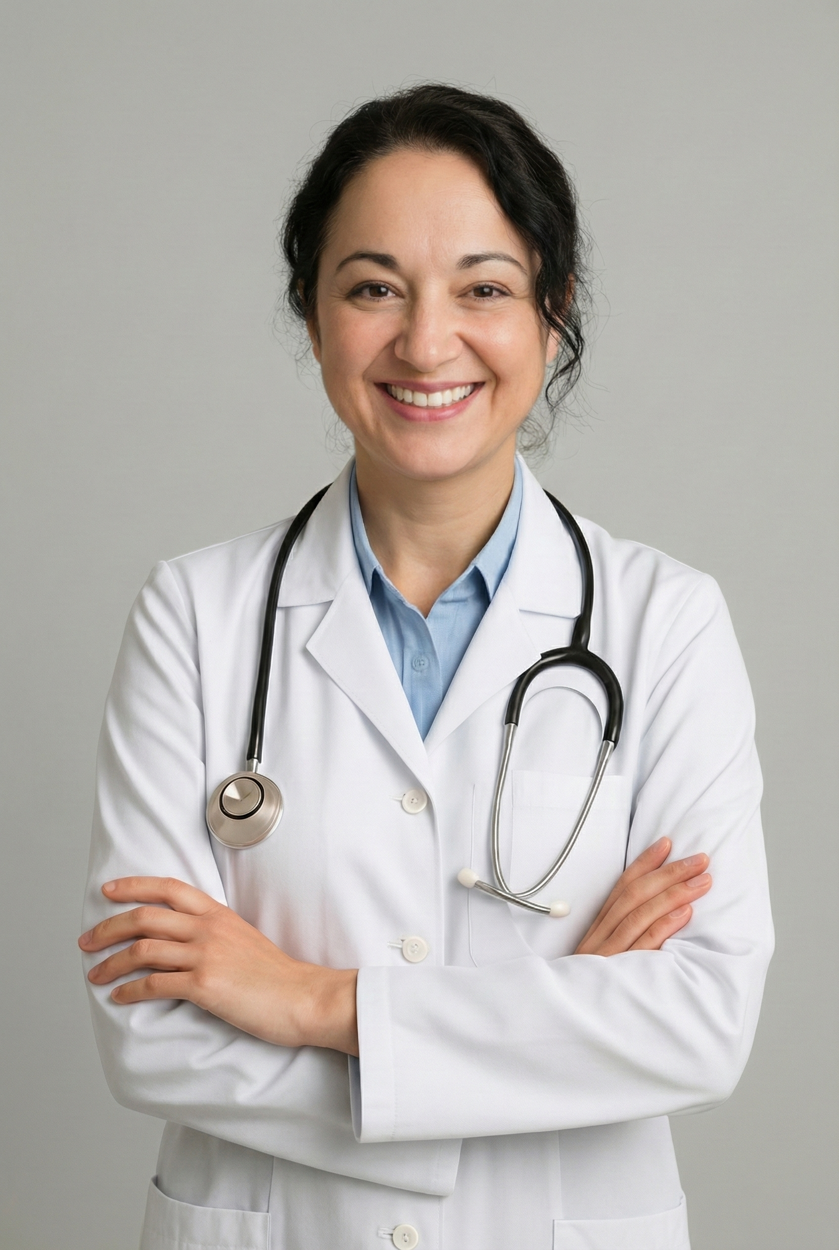 Porträt einer Ärztin mit Stethoskop, die freundlich lächelt